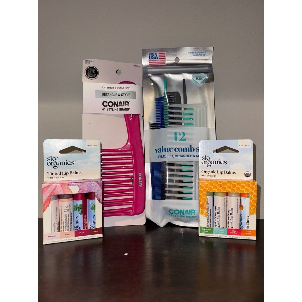 Beauty Bundle–Conair 12pc Pink Comb Set + Sky Organics Tinted & Organic Lip Balm